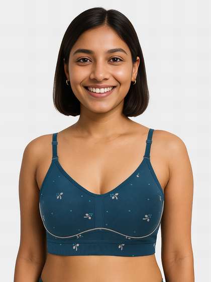 Susie Coral Blue Floral Printed Contrast Piping Moulded Wirefree Bra