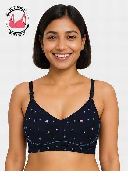 Susie Dark Blue Floral Printed Contrast Piping Moulded Wirefree Bra