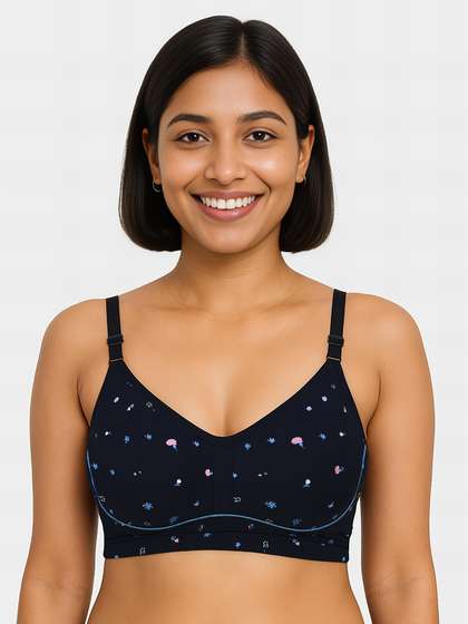 Susie Dark Blue Floral Printed Contrast Piping Moulded Wirefree Bra