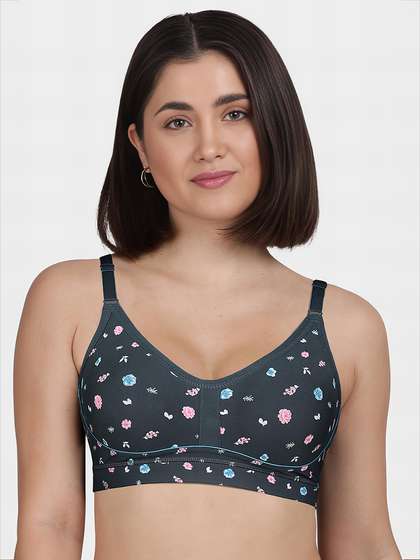 Susie Dark Grey Floral Printed Contrast Piping Moulded Wirefree Bra