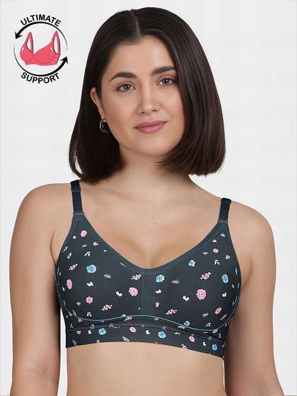 Susie Dark Grey Floral Printed Contrast Piping Moulded Wirefree Bra