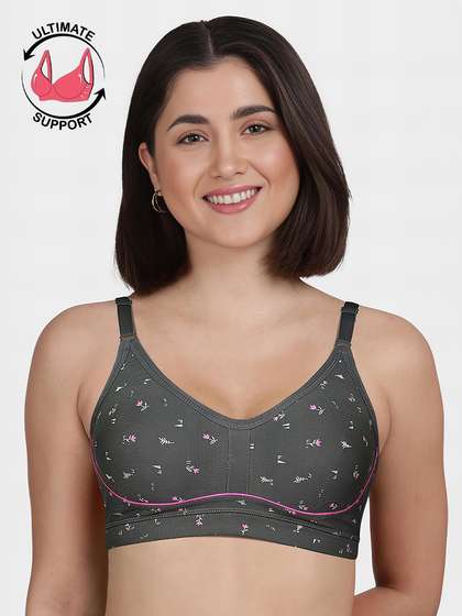 Susie Light Grey Floral Printed Contrast Piping Moulded Wirefree Bra