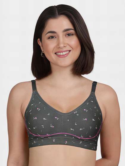 Susie Light Grey Floral Printed Contrast Piping Moulded Wirefree Bra