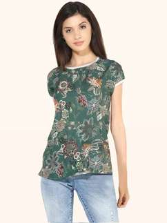 United Classic Dark Green Floral Casual Printed High-Low Top